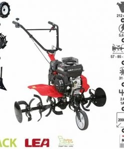 Pack Motobineuse Thermique 212cc Avec Accessoires Roues Charrue Moyeux 2 Vitesses AV 1 AR Travail 75-105cm LEA LE4212-105DW - Rouge